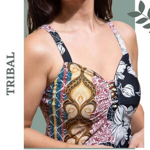 Tribal Reversible Tankini Top Floral and Solid Black Gold